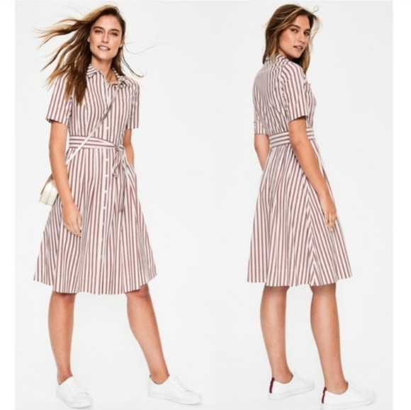 Boden Dresses & Skirts - Boden 8R Brick Red White Striped Dress Button Down Belted Waist Tie Short Sleeve